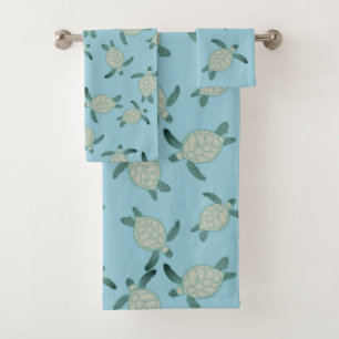 Custom Nautical Coastal Sea Turtle Dusty Blue Bath Towel Set