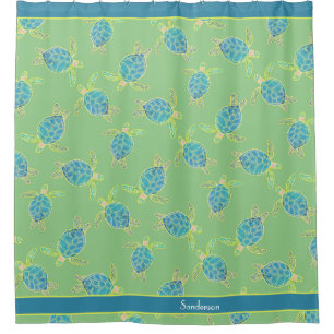 Custom Nautical Coastal Sea Turtle Green  Blue  Shower Curtain