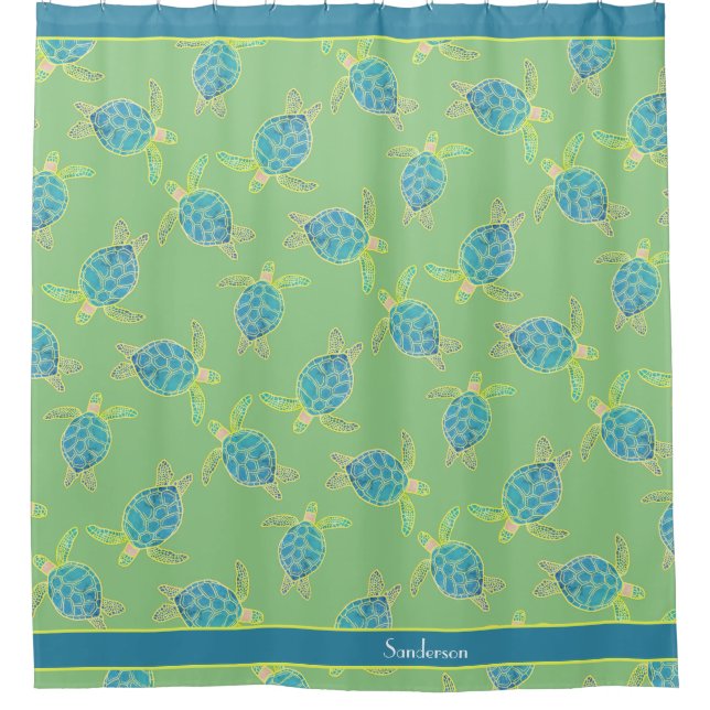 Custom Nautical Coastal Sea Turtle Green  Blue  Shower Curtain (Front)