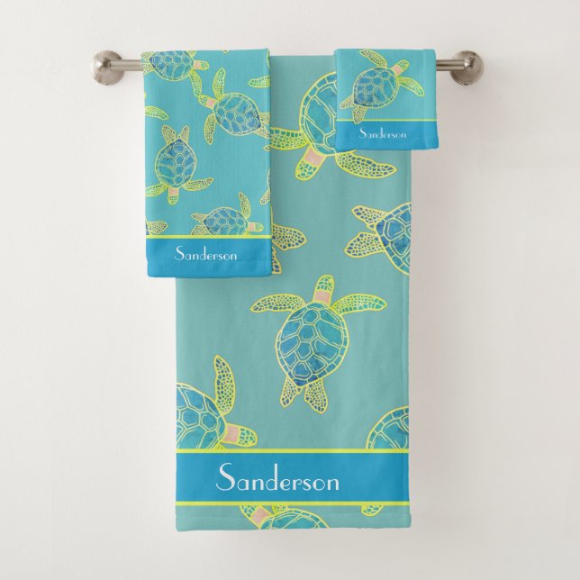 Custom Nautical Coastal Sea Turtle Teal Blue Bath  Bath Towel Set (Insitu)