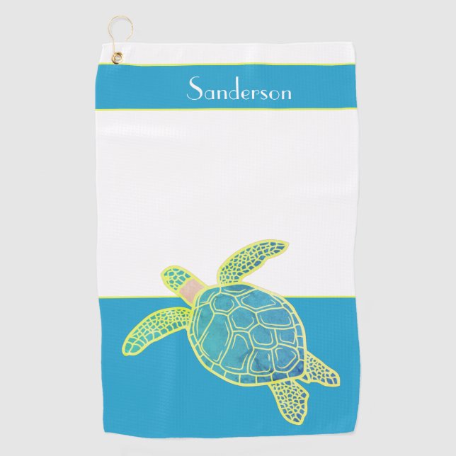 Custom Nautical Coastal Sea Turtle Teal Blue  Golf Towel (Front)