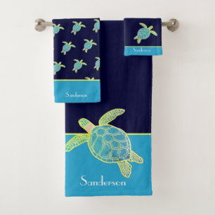 Custom Nautical Coastal Sea Turtle Teal Blue Navy Bath Towel Set