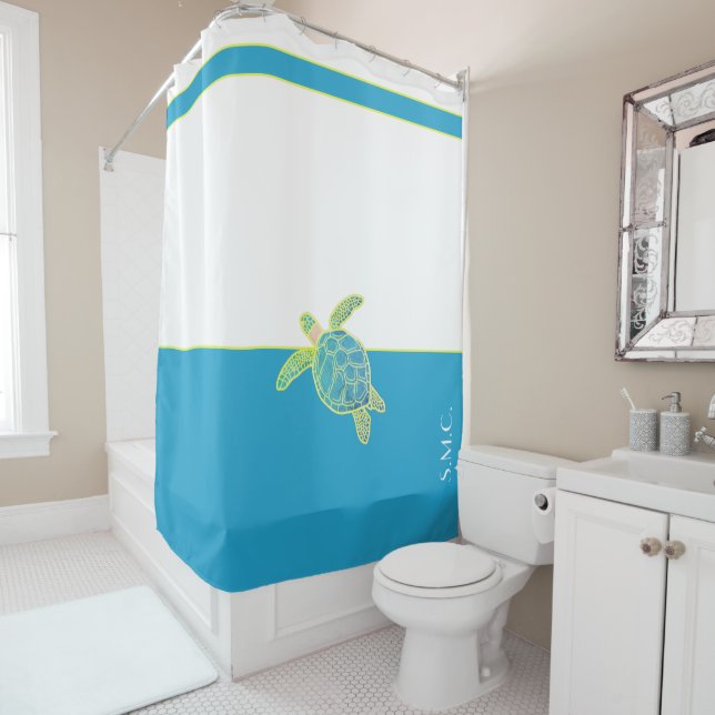 Custom Nautical Coastal Sea Turtle Teal Blue  Shower Curtain (In Situ)