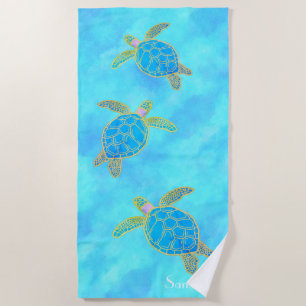 Custom Nautical Coastal Sea Turtle Turquoise  Beac Beach Towel