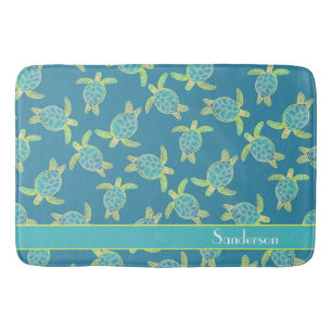 Custom Nautical Coastal Sea Turtle Turquoise Blue Bath Mat
