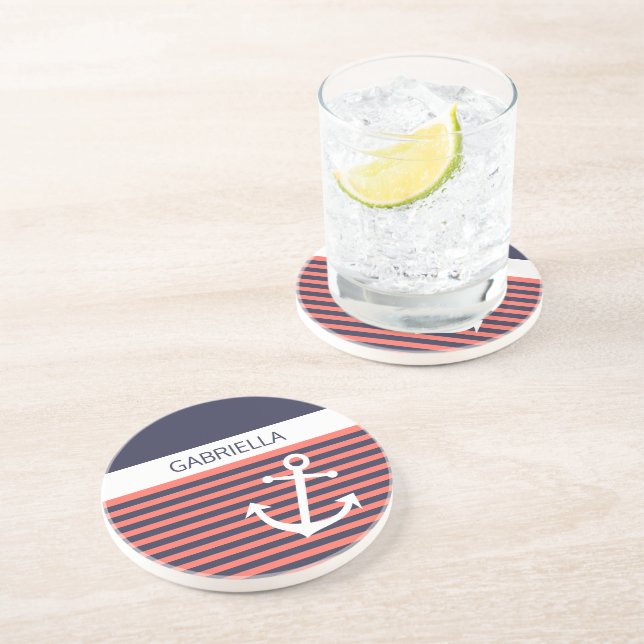 Custom Nautical Coral Orange Stripe Pattern Coaster (Side)