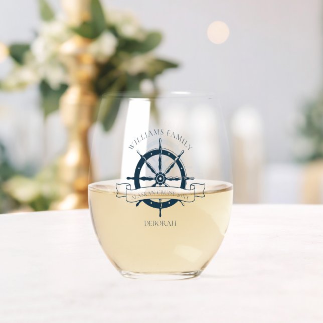 Custom Nautical Cruise Ship Wheel Boat Captain Stemless Wine Glass (Insitu (Wedding))