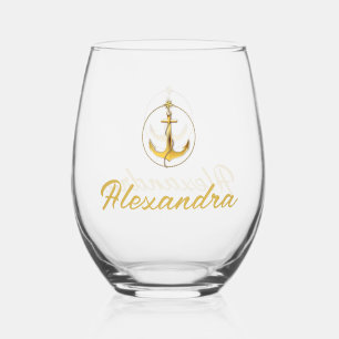 Custom Nautical Gold Colour Boat Anchor Name Stemless Wine Glass