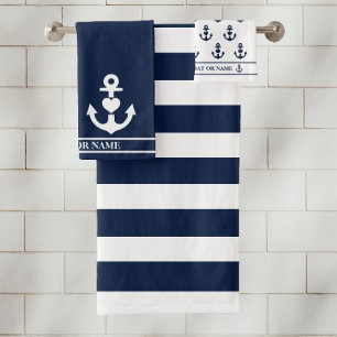 Custom Nautical Heart Anchor Navy White Stripes Bath Towel Set