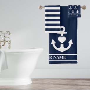 Custom Nautical Heart Anchor Navy White Stripes Bath Towel Set