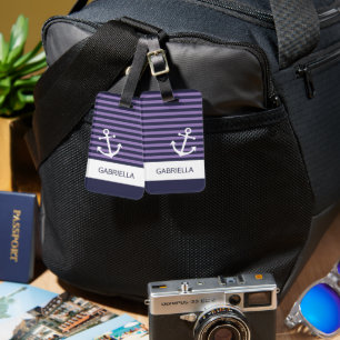 Custom Nautical Lavender Purple Striped Pattern Luggage Tag