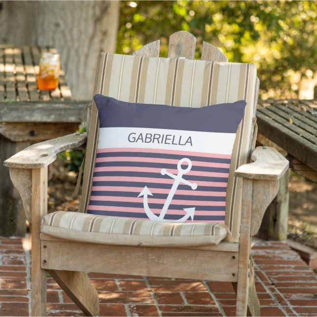 Custom Nautical Light Coral Pink Stripe Pattern Cushion (Chair)