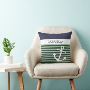 Custom Nautical Lime Sage Green Stripe Pattern Cushion