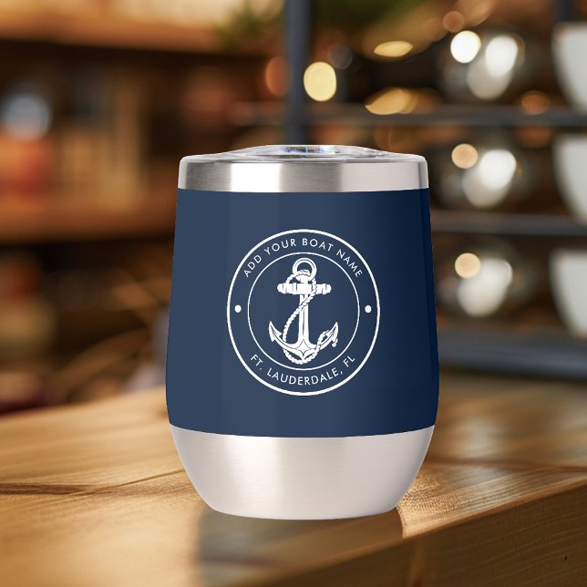 Custom Nautical Navy Blue Anchor Boat Name (Custom Nautical Navy Blue Anchor Boat Name Thermal Wine Tumbler)