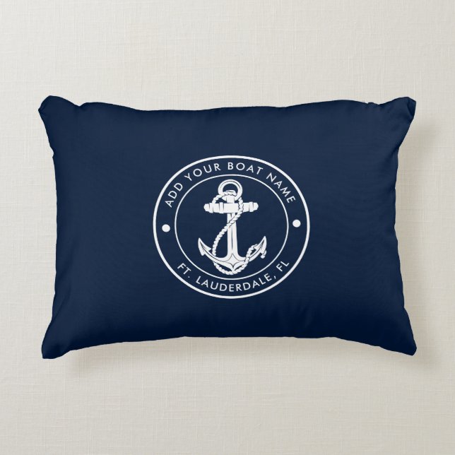 Custom Nautical Navy Blue Anchor Boat Name Decorative Cushion (Front)