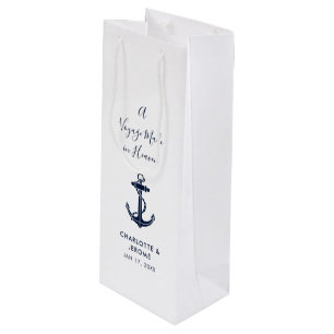 Custom Nautical Navy Blue Anchor Script Wedding Wine Gift Bag
