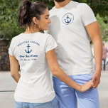 Custom Nautical Navy Blue Captain and Boat Name T-Shirt<br><div class="desc">Custom nautical t-shirt design features a simple, stylish navy blue coastal style design on the front and back with boat anchor accent and Welcome Aboard message on the back. Personalise the custom text with the name of the boat, boat owner / captain, location, or other preferred wording. Navy blue colour...</div>