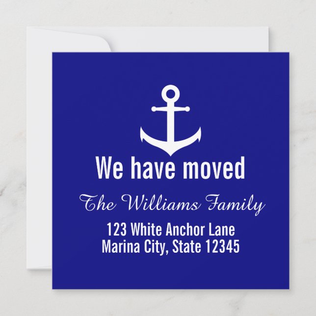 Custom Nautical Navy Blue Moving Announcement Card (Front)