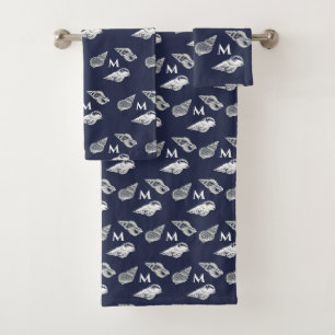 Custom Nautical Navy Blue Seashell Beach house Bath Towel Set