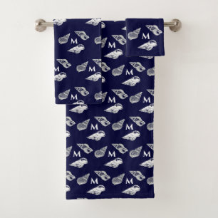 Custom Nautical Navy Blue Seashell Beach house  Bath Towel Set