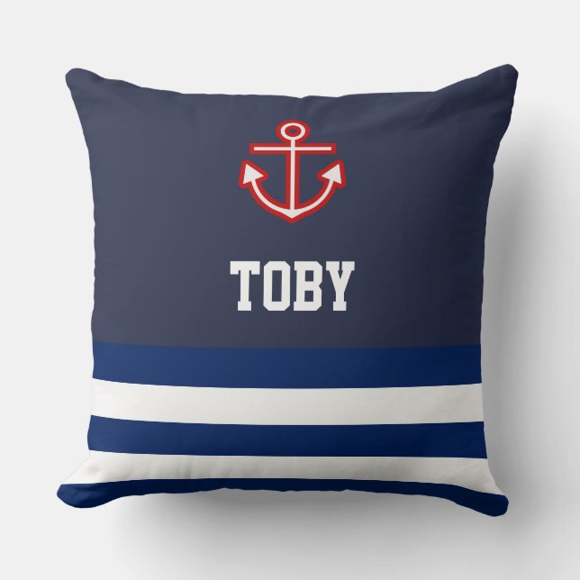 Custom Nautical Navy White Stripes Cushion (Front)