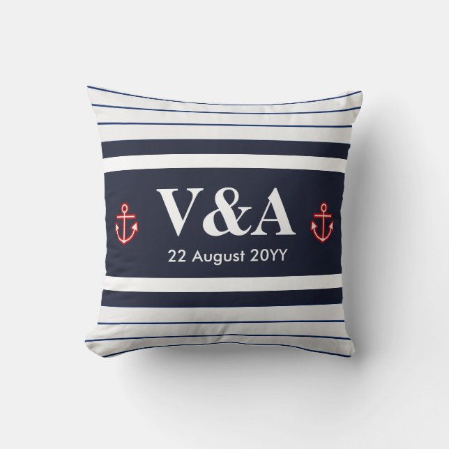 Custom Nautical Navy White Stripes Cushion (Front)