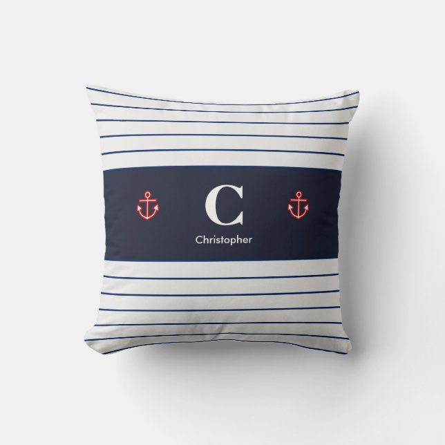 Custom Nautical Navy White Stripes Cushion (Front)