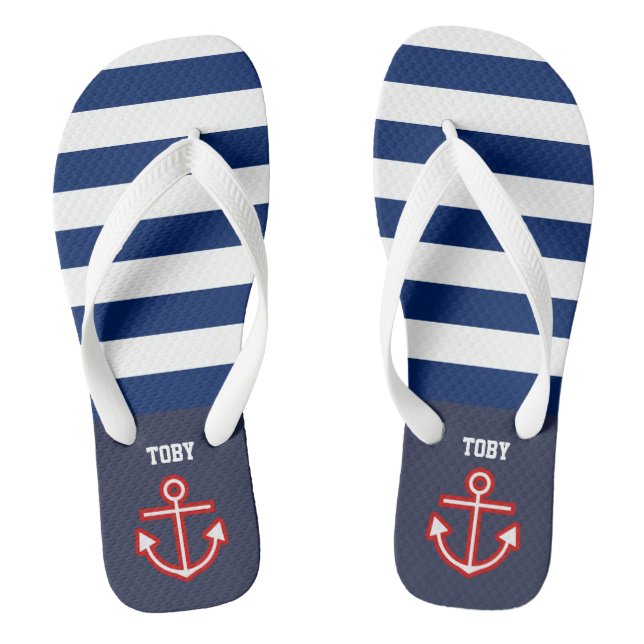 Custom Nautical Navy White Stripes Thongs (Footbed)