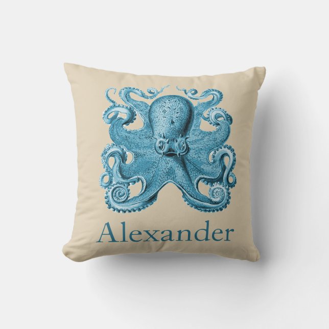 Custom Nautical Octopus in Blue and Tan Cushion (Front)