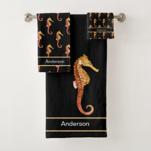 Custom Nautical Seahorse Bathroom Black Brown Bath Towel Set
