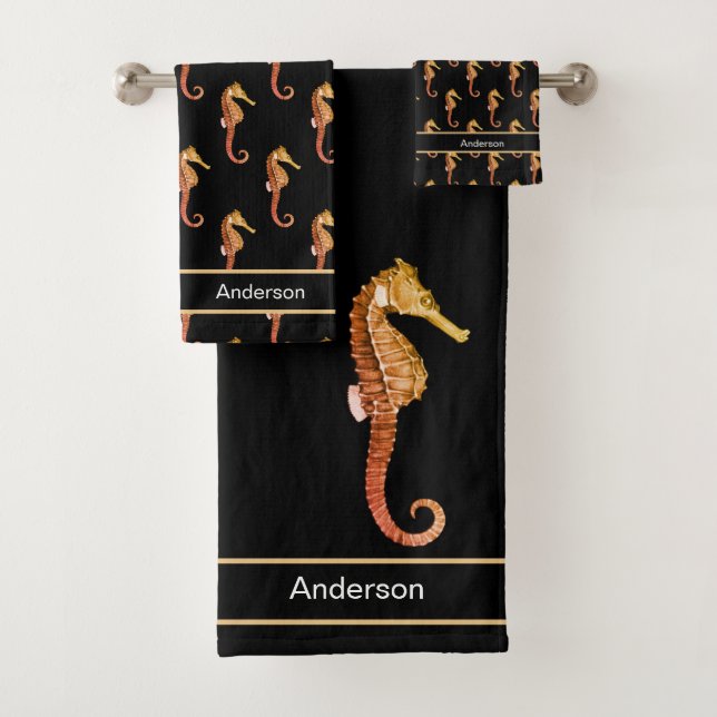 Custom Nautical Seahorse Bathroom Black Brown Bath Towel Set (Insitu)