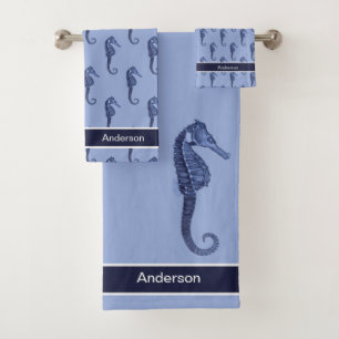 Custom Nautical Seahorse Bathroom Blue Bath Towel Set