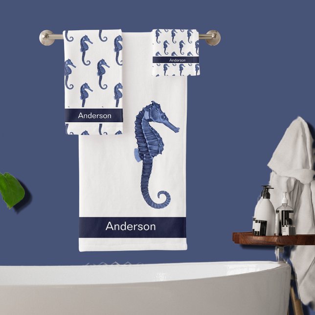 Custom Nautical Seahorse Bathroom Sea Blue Bath To Bath Towel Set (Creator Uploaded)