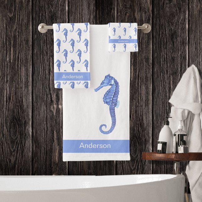 Custom Nautical Seahorse Bathroom Sea Blue Bath Towel Set (Creator Uploaded)