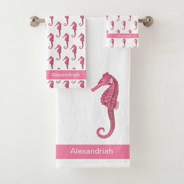 Custom Nautical Seahorse Bathroom Sea Coral Pink Bath Towel Set (Insitu)