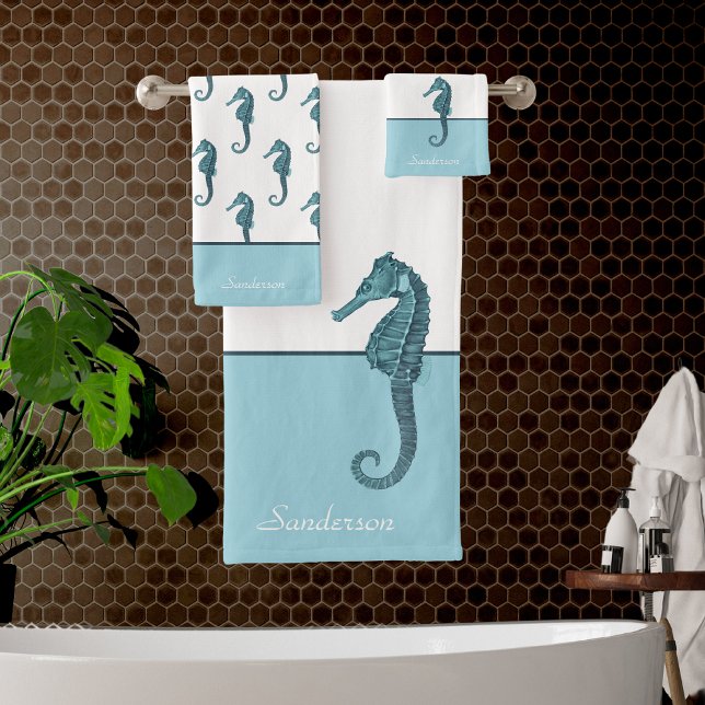 Custom Nautical Seahorse Bathroom Teal Blue Aqua Bath Towel Set (Creator Uploaded)