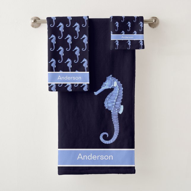 Custom Nautical Seahorse Light Blue Navy White Bath Towel Set (Insitu)