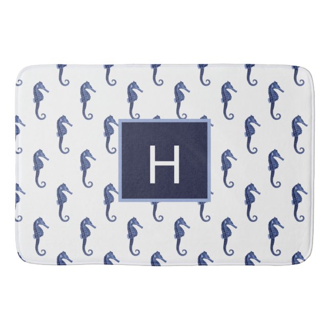 Custom Nautical Seahorse Navy Blue Ocean Beach Bath Mat (Front)
