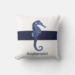 Custom Nautical Seahorse Navy Blue Ocean Beach Cushion