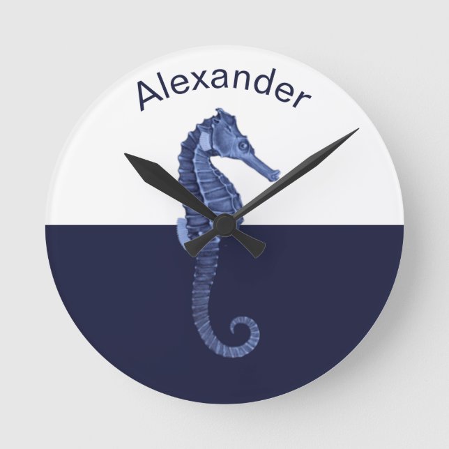 Custom Nautical Seahorse Navy Blue Ocean Beach  Round Clock (Front)
