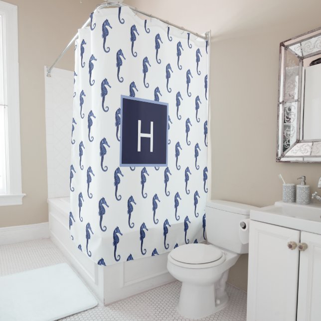 Custom Nautical Seahorse Navy Blue Ocean Beach  Shower Curtain (In Situ)