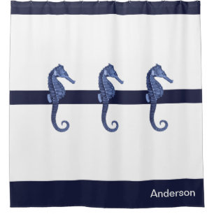 Custom Nautical Seahorse Navy Blue Ocean Beach Shower Curtain