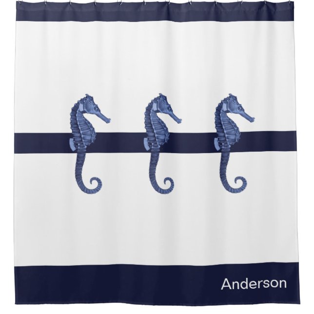 Custom Nautical Seahorse Navy Blue Ocean Beach  Shower Curtain (Front)