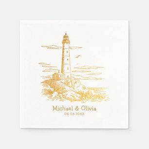 Custom Nautical Seaside Lighthouse Wedding Gold Napkin