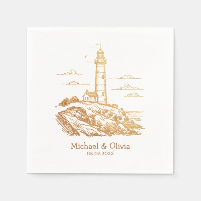 Custom Nautical Seaside Lighthouse Wedding Gold  Napkin (Front)