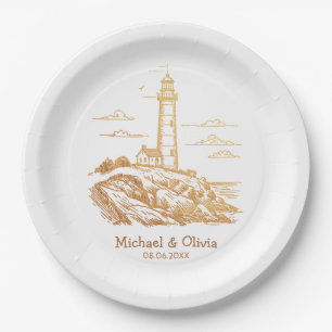 Custom Nautical Seaside Lighthouse Wedding Gold Paper Plate