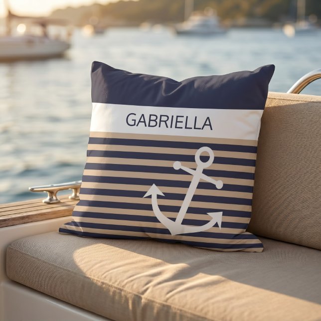 Custom Nautical Taupe Beige Brown Stripe Pattern Cushion (Creator Uploaded)