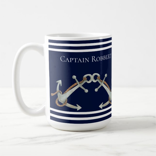 Custom Nautical White Navy Blue Anchors Coffee Mug (Left)
