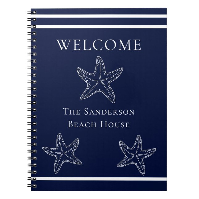 Custom Nautical White Navy Blue Starfish Beach Notebook (Front)