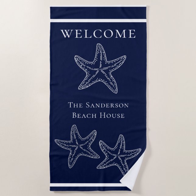 Custom Nautical White Navy Blue Starfish   Beach Towel (Front)